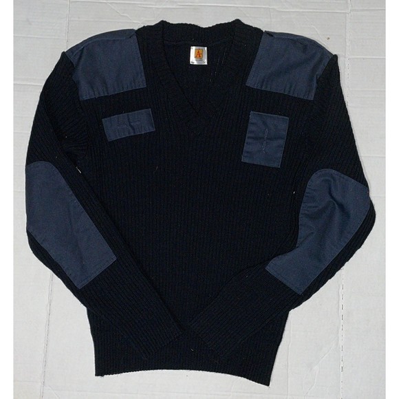 Vintage black military patches velcro shoulder design pullover Sweater Top L - Picture 1 of 9